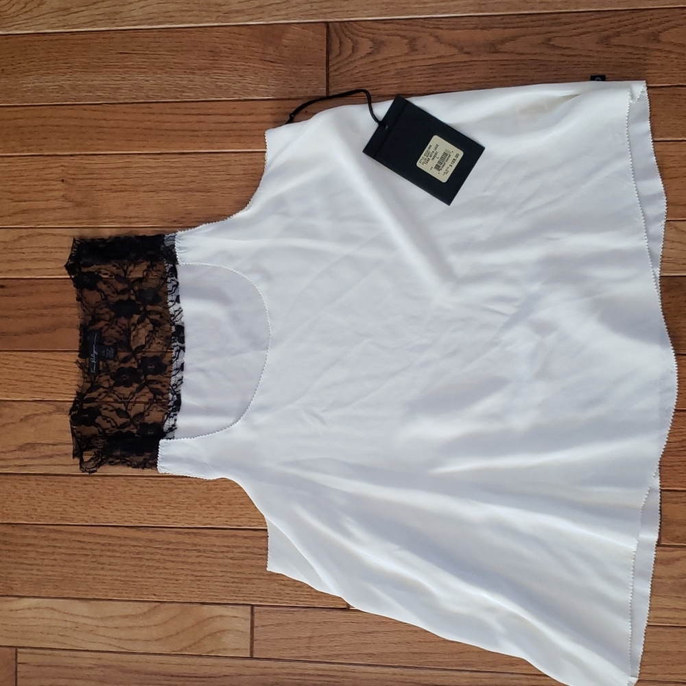 True Religion Cream Silk shirt with delicate  Black Lace.  NWT.  Large.